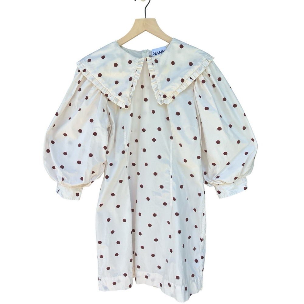 GANNI Polka Dot White Poplin Sailor Collar Mini Dress Size EU 42 US 10 / 12